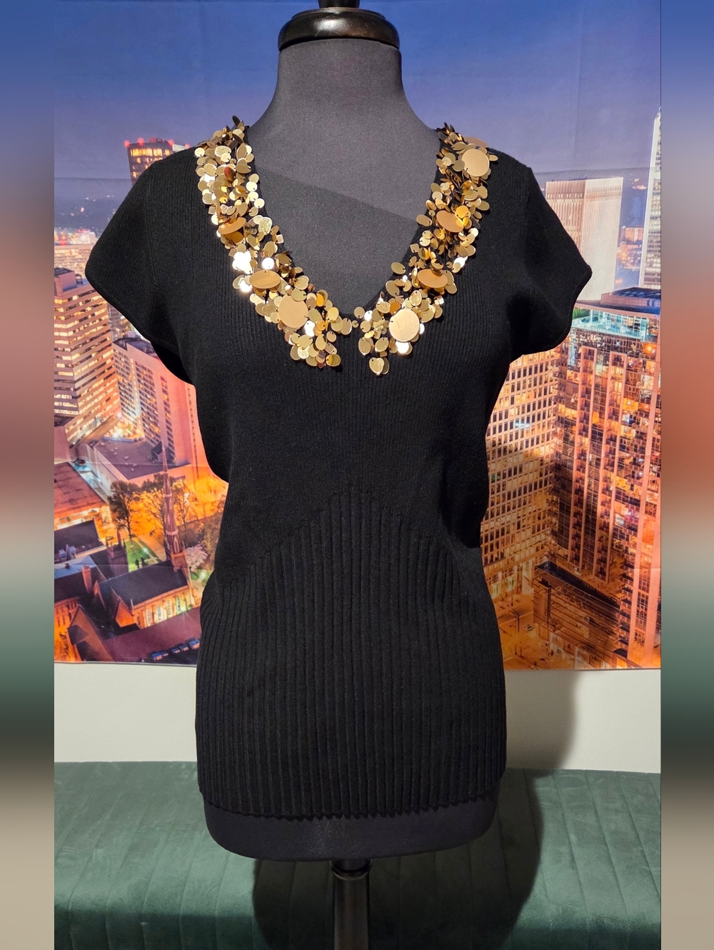 Black Knit Short Sleeve Top with Gold Sequin V-Neck